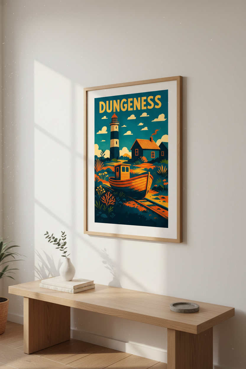 Retro Travel Dungeness Wall Art Print | Coastal Living Decor | Vintage Lighthouse Poster | Beach House Vibe