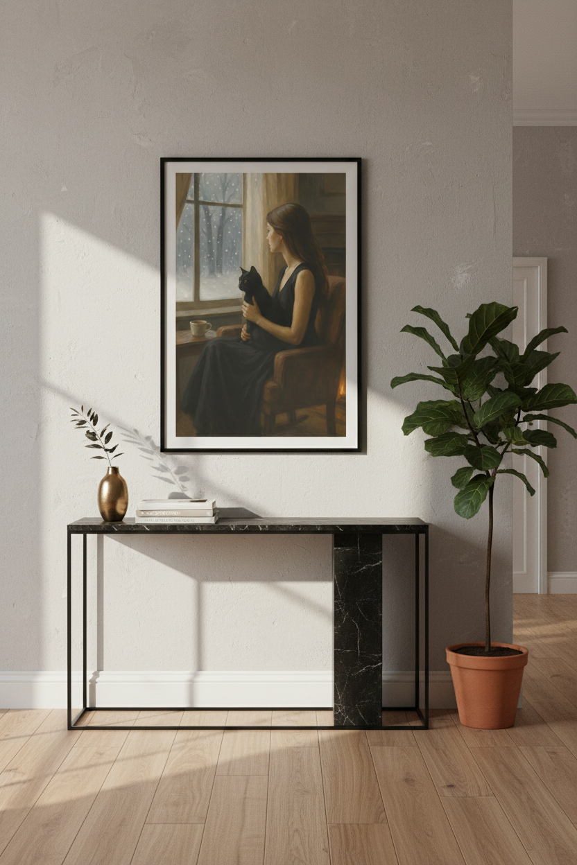 Cozy Winter Window Cat Wall Art Print | Living Room Decor | Dark Academia Aesthetic Poster | Woman and Pet Snow Scene