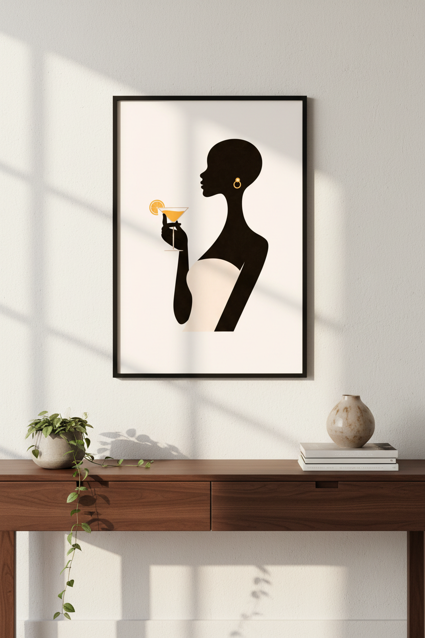 Elegant Abstract Woman with Cocktail Wall Art | Minimalist Silhouette Print | Home Bar Decor | Fashion Art Poster