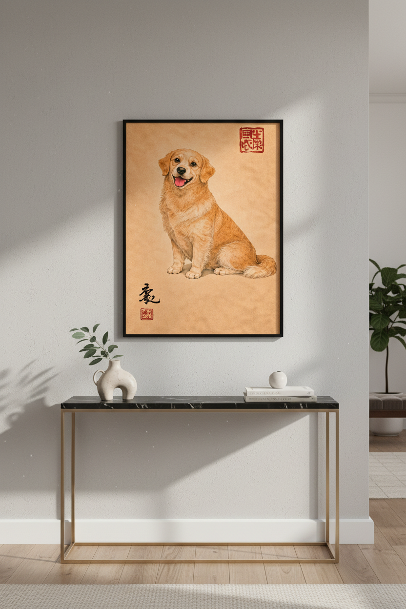 Chinoiserie Golden Retriever Wall Art Print | Pet Lover Gift | Cute Dog Decor | Nursery Aesthetic Poster | Digital Download Available