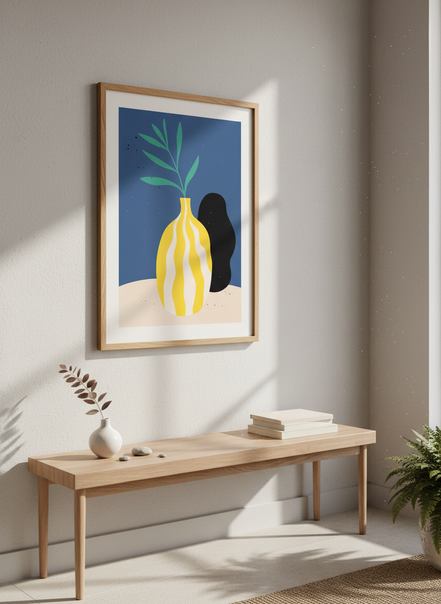Abstract Yellow Vase Print | Modern Boho Decor, Blue Wall Art, Plant Poster