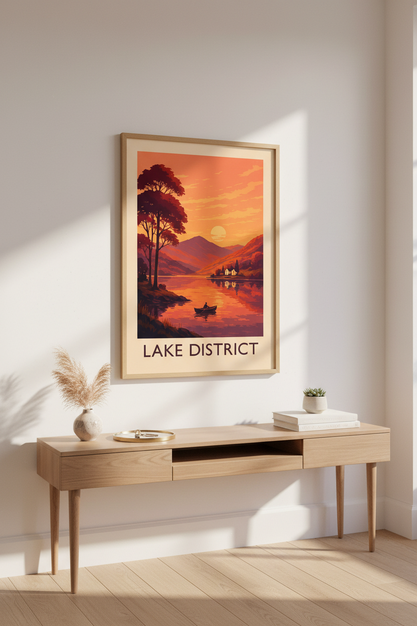 Retro Travel Lake District Wall Art Print | Sunset Lake Decor | Framed Landscape Poster | Ready to Hang UK Art