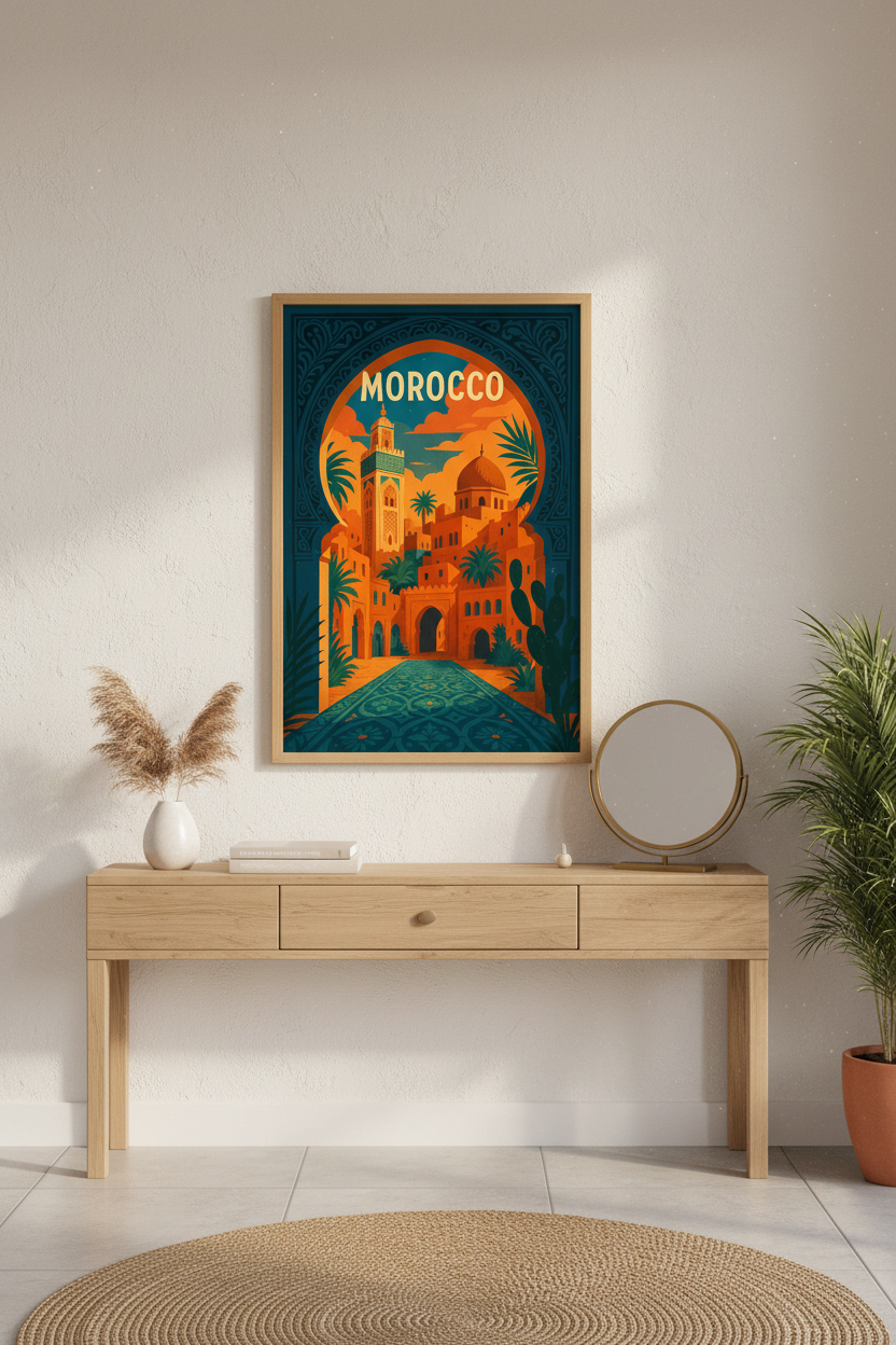 Moroccan Cityscape Framed Wall Art | Morocco Travel Poster | Boho Living Room Decor | Vivid Desert Aesthetic Framed Print