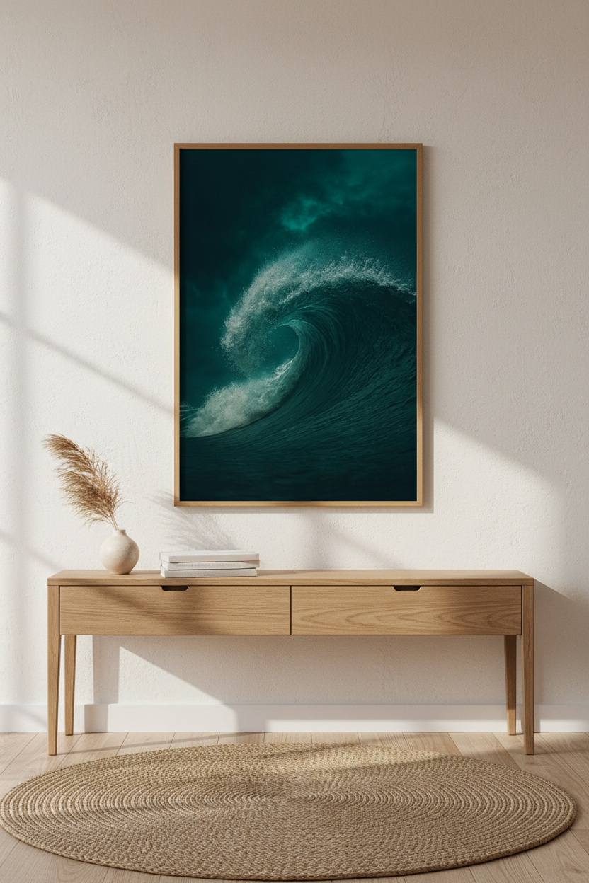 Ocean Wave Wall Art Print | Teal Bathroom Decor | Dark Coastal Aesthetic Poster | Nature Photography Framed Unframed Digital