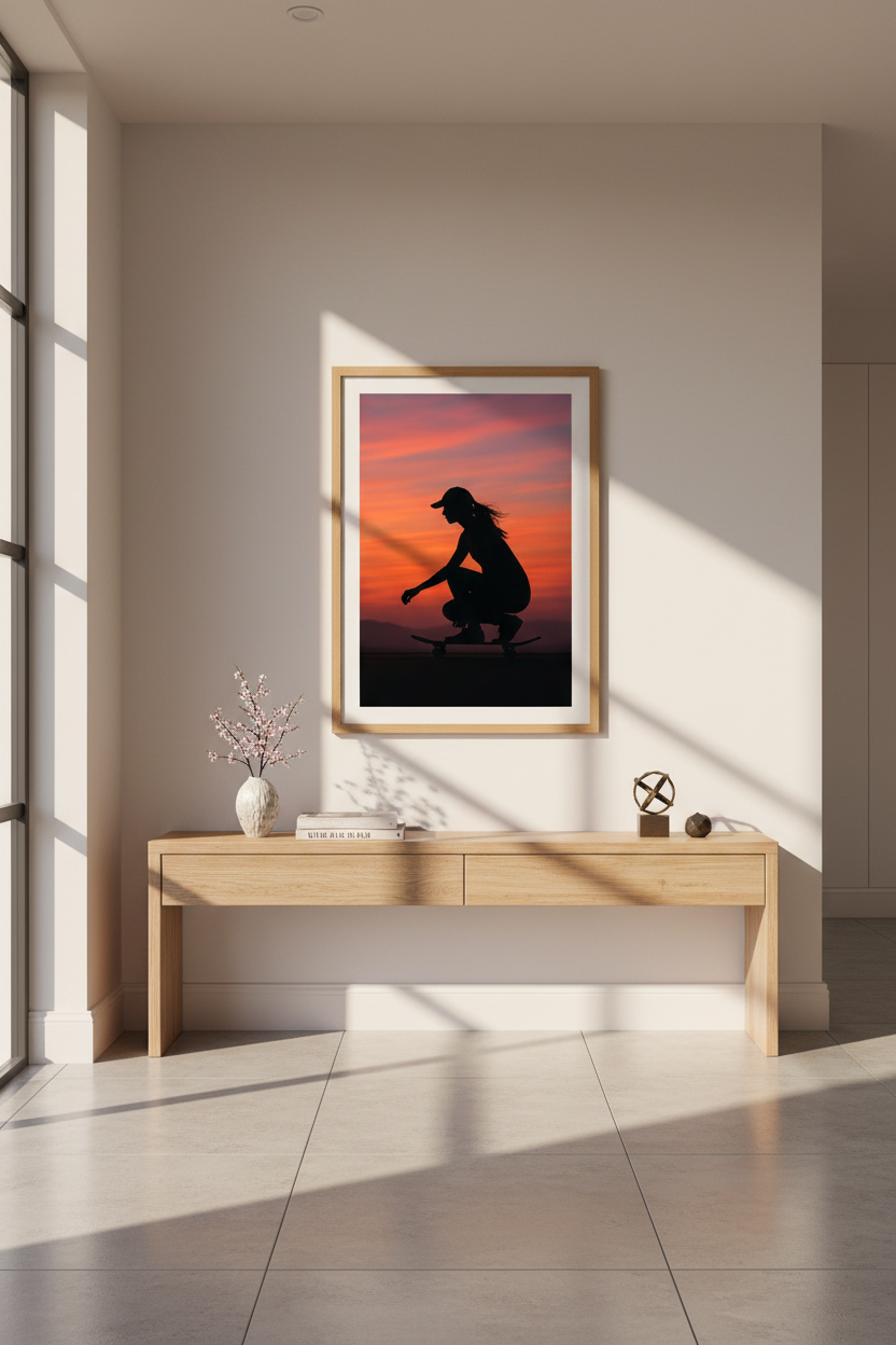 Silhouette Skater Sunset Framed Wall Art | Teen Room Decor | Aesthetic Skateboard Poster | Ready to Hang Framed Print Art