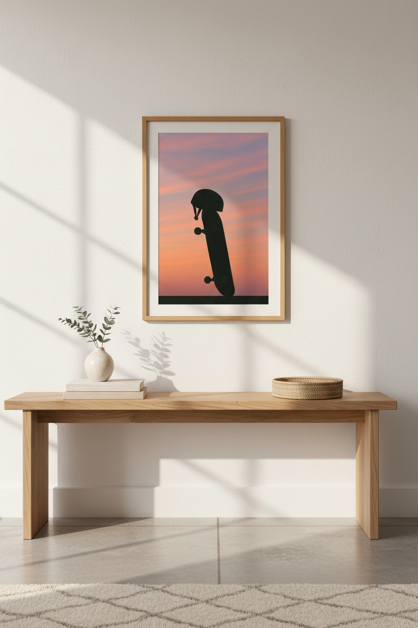 Minimalist Skateboard Sunset Wall Art Print | Teen Room Decor | Aesthetic Framed Poster | Ready to Hang Art