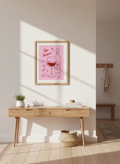 Sip Happens Wine Art Print | Kitchen Bar Decor, Trendy Pink &amp; Red Pun Poster