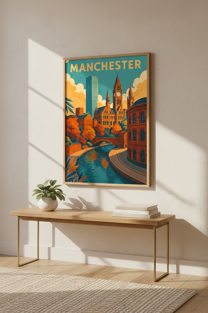 Retro Travel Manchester Wall Art Print | Living Room Decor | Autumn Aesthetic Cityscape Poster | England Canal Art