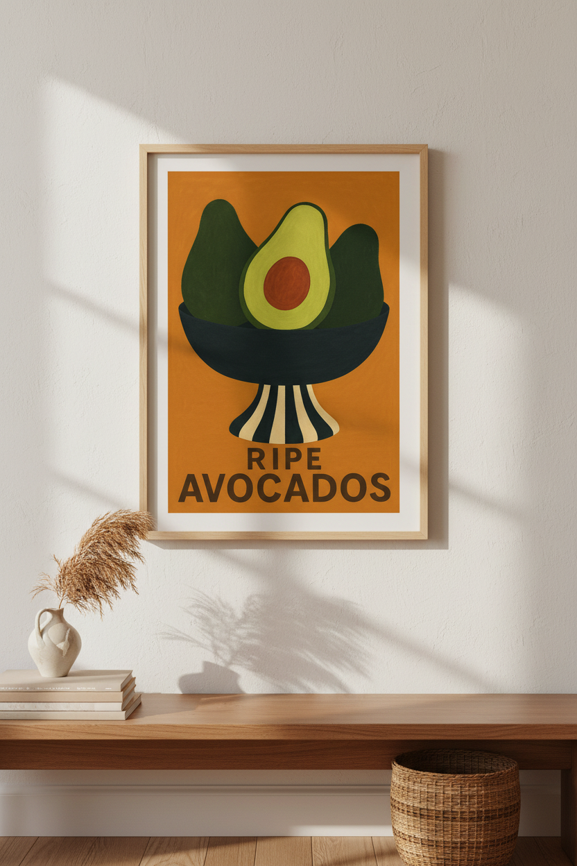 Mid Century Modern Avocado Framed Art Print | Kitchen Decor | Retro Food Poster | Ready to Hang Wall Art