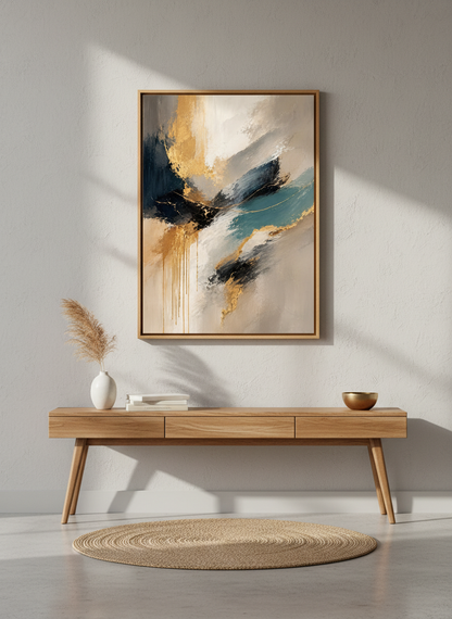 Abstract Gold Wall Art Print | Modern Living Room Decor | Teal Gold Aesthetic Framed Poster | Ready to Hang Art