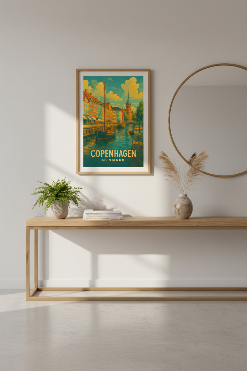 Retro Travel Copenhagen Wall Art Print | Denmark Cityscape Decor | Nordic Colorful Poster | Europe Boat Canal Vintage Art