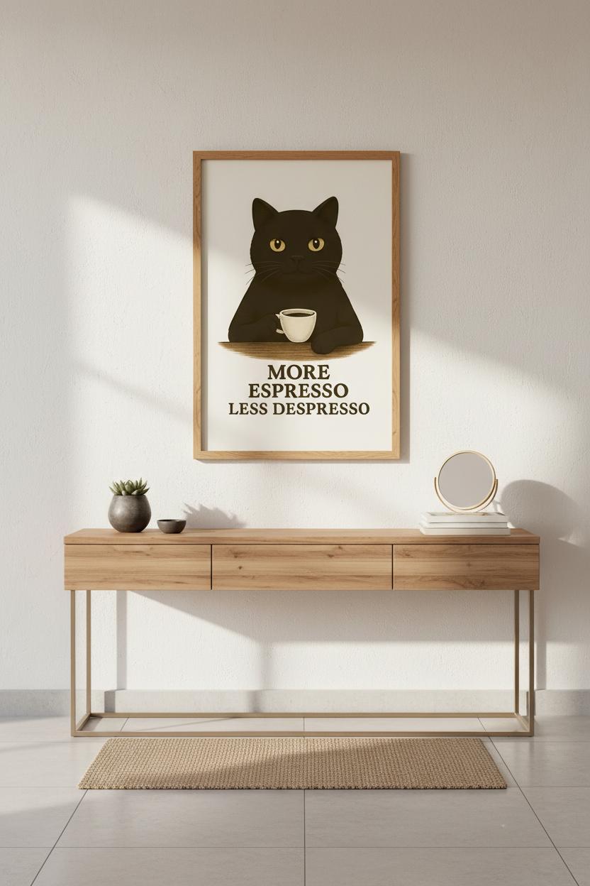 Humorous Black Cat Coffee Art Print | Kitchen Decor | Cozy Minimalist Poster | More Espresso Less Despresso Wall Decor