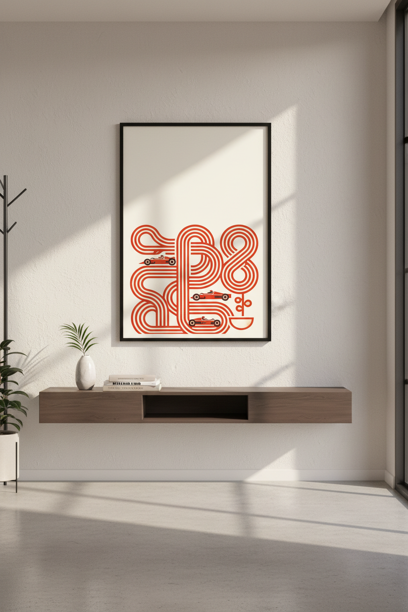 Retro Racing Car Wall Art, Abstract Race Track Poster Print, Mid-Century Modern Home Decor, Red &amp; Cream Art Print, Speed Enthusiast Gift