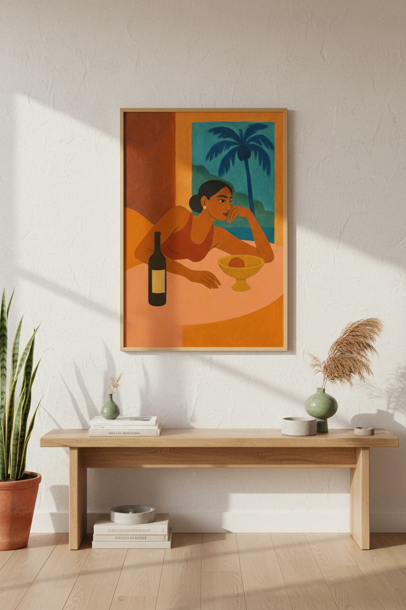 Bohemian Style Woman Portrait Wall Art Print | Mid Century Modern Wall Decor | Framed Art for Living Room | Ready to Hang