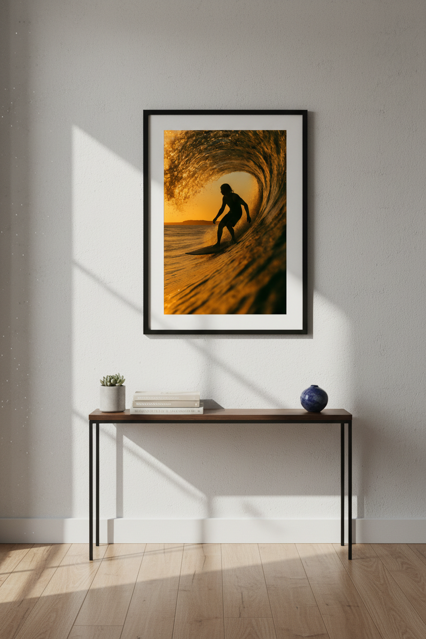 Golden Hour Surfer Wall Art Print | Ocean Wave Beach Decor | Aesthetic Surf Rider Poster | Sunset Coastal Home Art | Adventure Gift