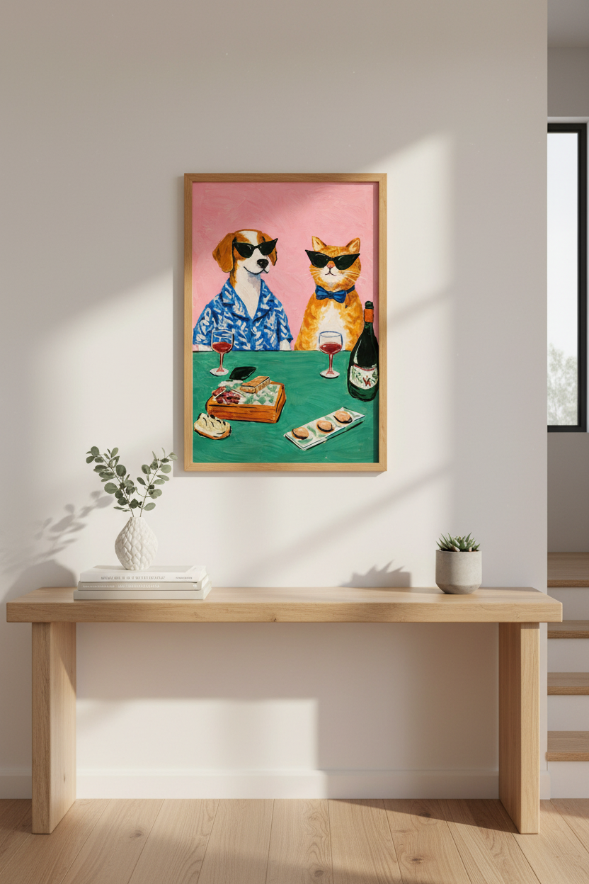 Eclectic Pop Art Dog &amp; Cat Wall Art Print | Kitchen Decor | Whimsical Animal Poster | Unframed, Framed, Digital Download