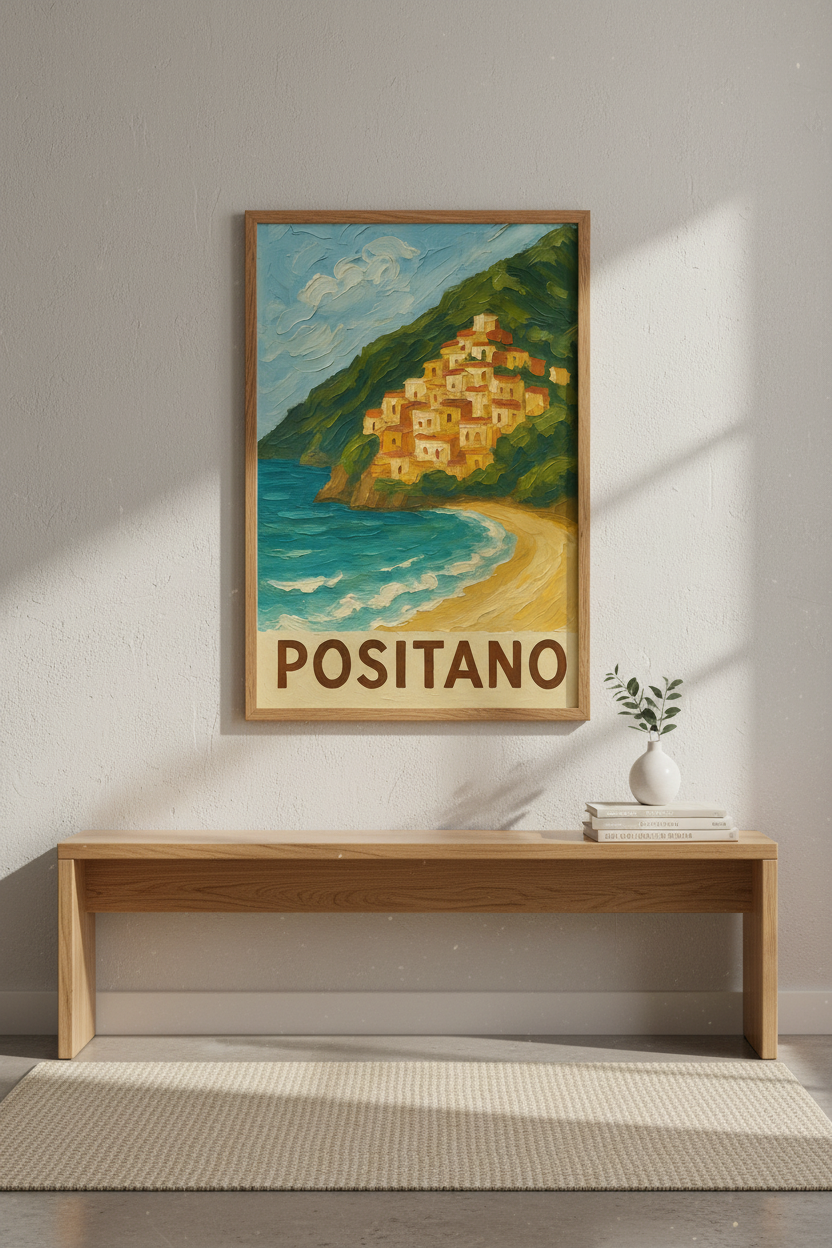 Textured Riviera Positano Wall Art Print | Coastal Living Room Decor | Italian Travel Poster | Mediterranean Aesthetic