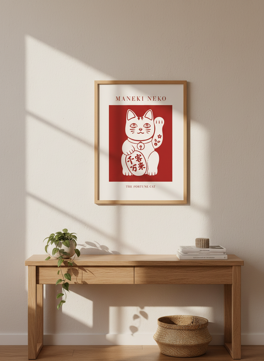 Maneki Neko Cat Poster | Lucky Charm Wall Art, Asian Decor, Fortune Cat Print