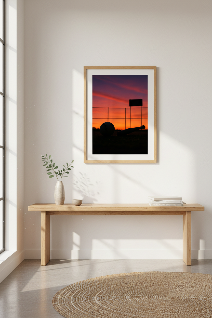 Dramatic Sunset Baseball Field Wall Art Print | Game Room Decor | Sports Aesthetic Framed Poster