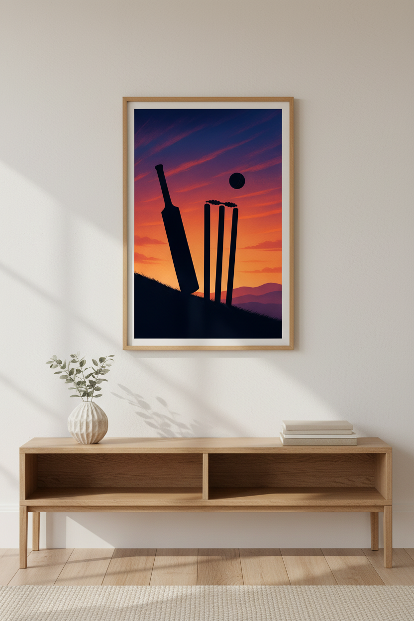 Cricket Sunset Framed Art Print | Sports Fan Home Decor | Minimalist Cricket Poster | Ready to Hang Wall Art Gift