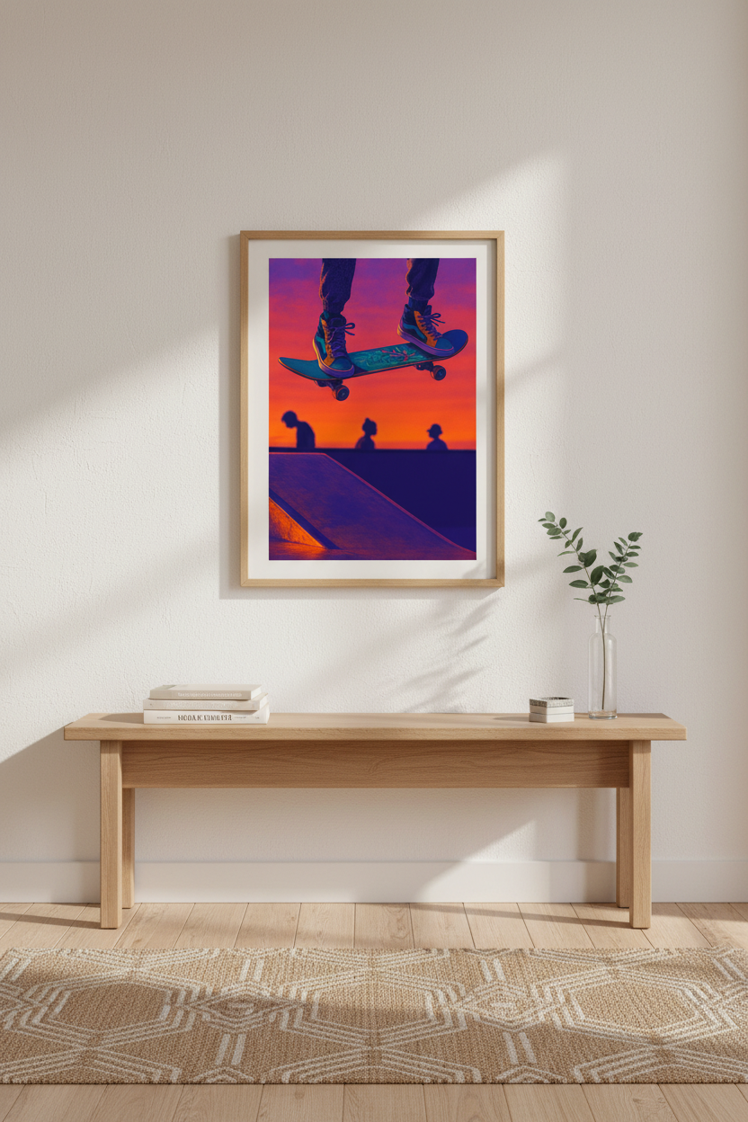 Neon Skater Wall Art Print | Skateboard Room Decor | Aesthetic Framed Poster | Vibe Sunset Art Print | Youth Bedroom Decor