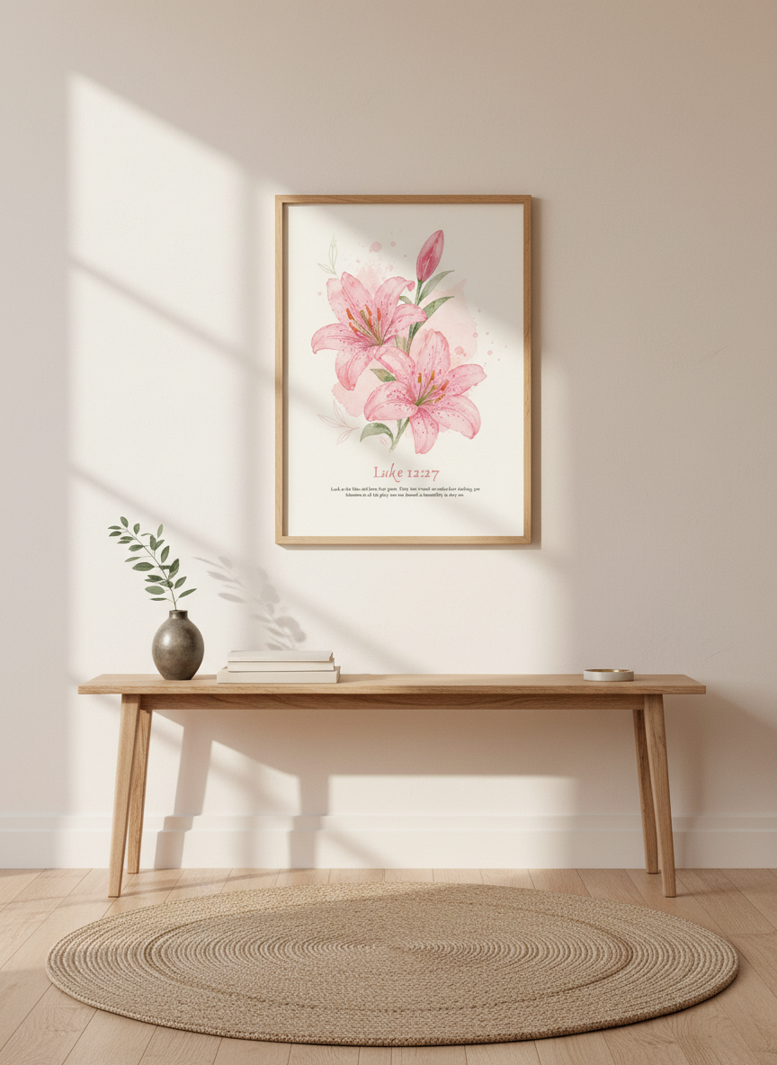Pink Lily Watercolor Wall Art Print | Christian Bible Verse Decor | Botanical Poster