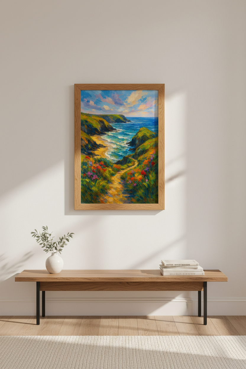 Impressionist Cliffside Beach Art Print | Coastal Landscape Wall Decor | Vibrant Ocean Poster | Colorful Seascape Gift