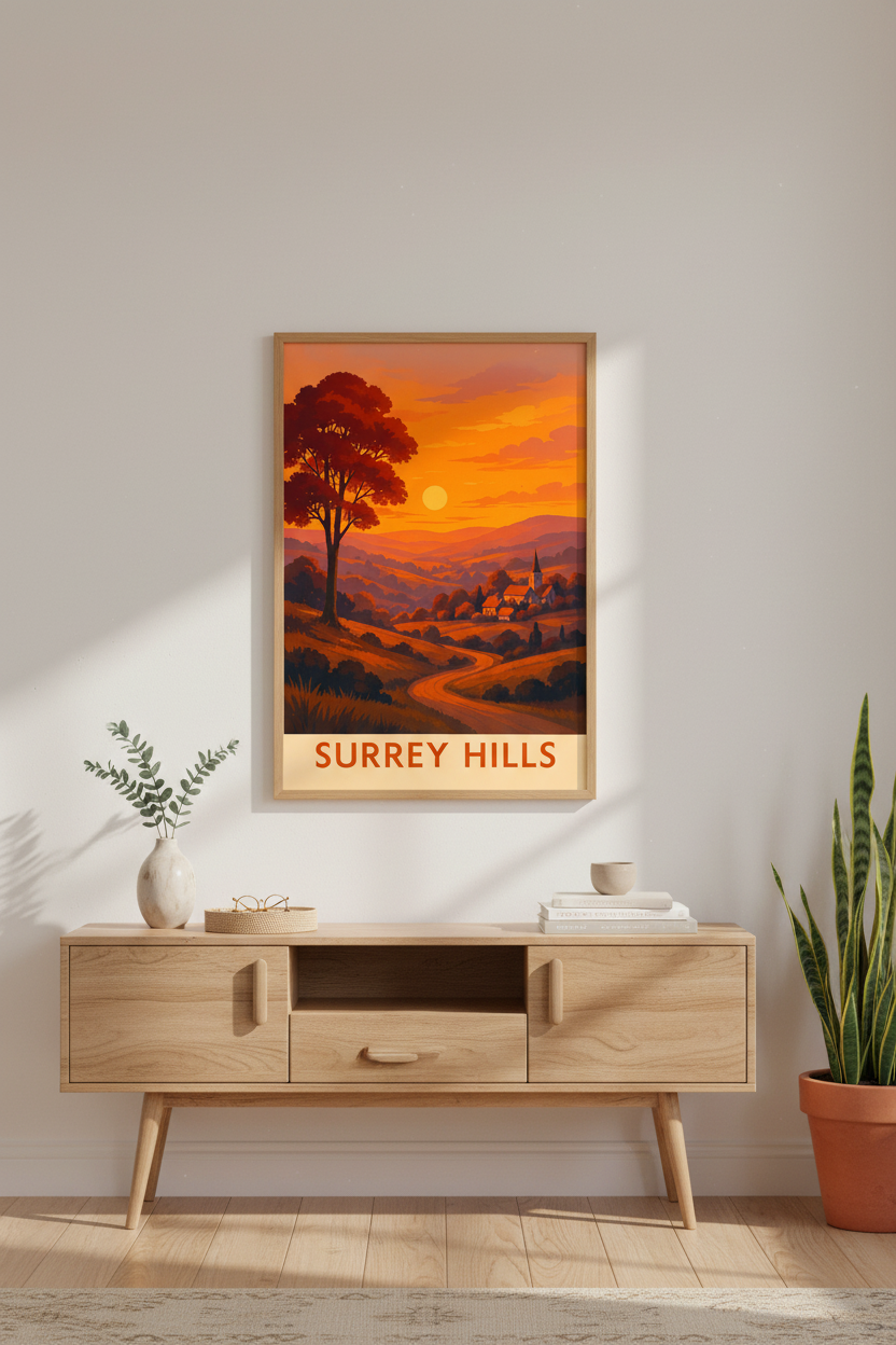 Vintage Travel Surrey Hills Framed Wall Art Print | Sunset Landscape Room Decor | Aesthetic British Countryside Poster