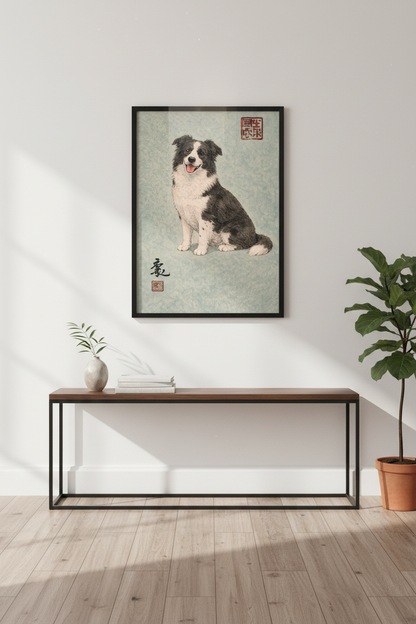 Japanese Ukiyo-e Border Collie Art Print | Dog Lover Gift | Pet Memorial Wall Decor | Asian Aesthetic Poster | Animal Home Art