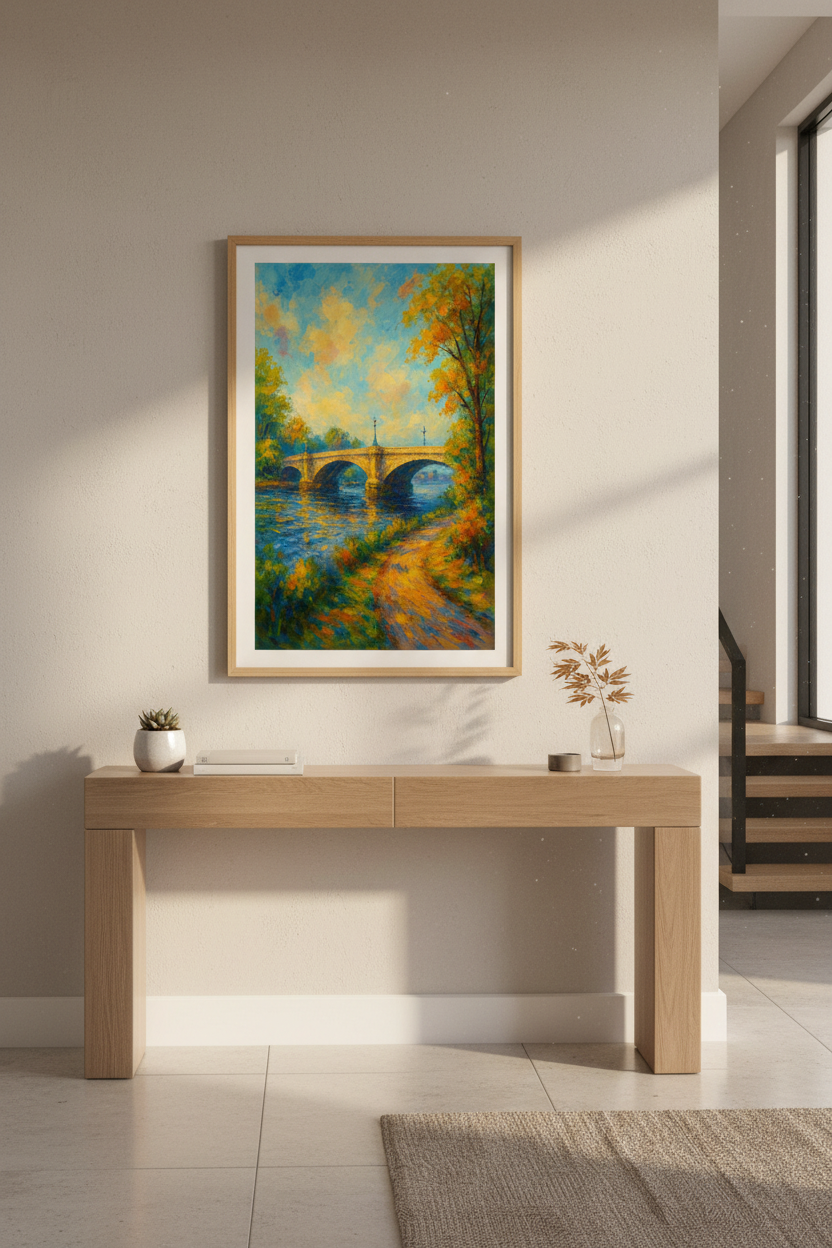 Impressionist Bridge Wall Art Print | Vibrant River Landscape Poster | Gold &amp; Blue Home Decor | Autumn Lake Painting