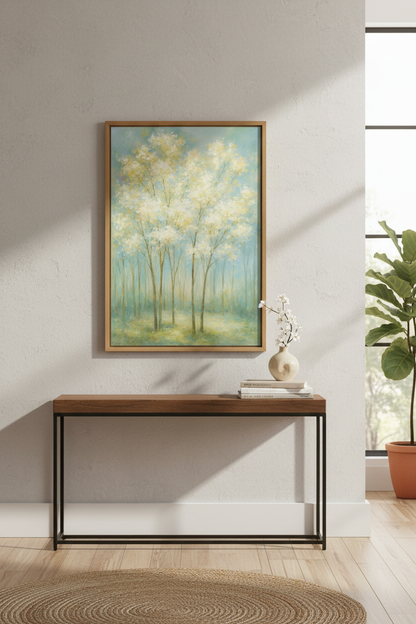 Impressionist Forest Wall Art Print | Bedroom Decor | Pastel Blue Living Room Poster | Misty Woods Landscape Canvas Art