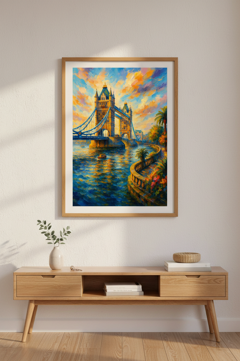 London Tower Bridge Art Print | Impressionist Cityscape Wall Art | Vibrant Thames River Scene Home Decor | UK Landmark Poster