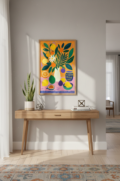 Abstract Impressionist Citrus Fruit Wall Art Print | Kitchen Decor | Boho Maximalist Botanical Poster | Vibrant Orange Pink Green