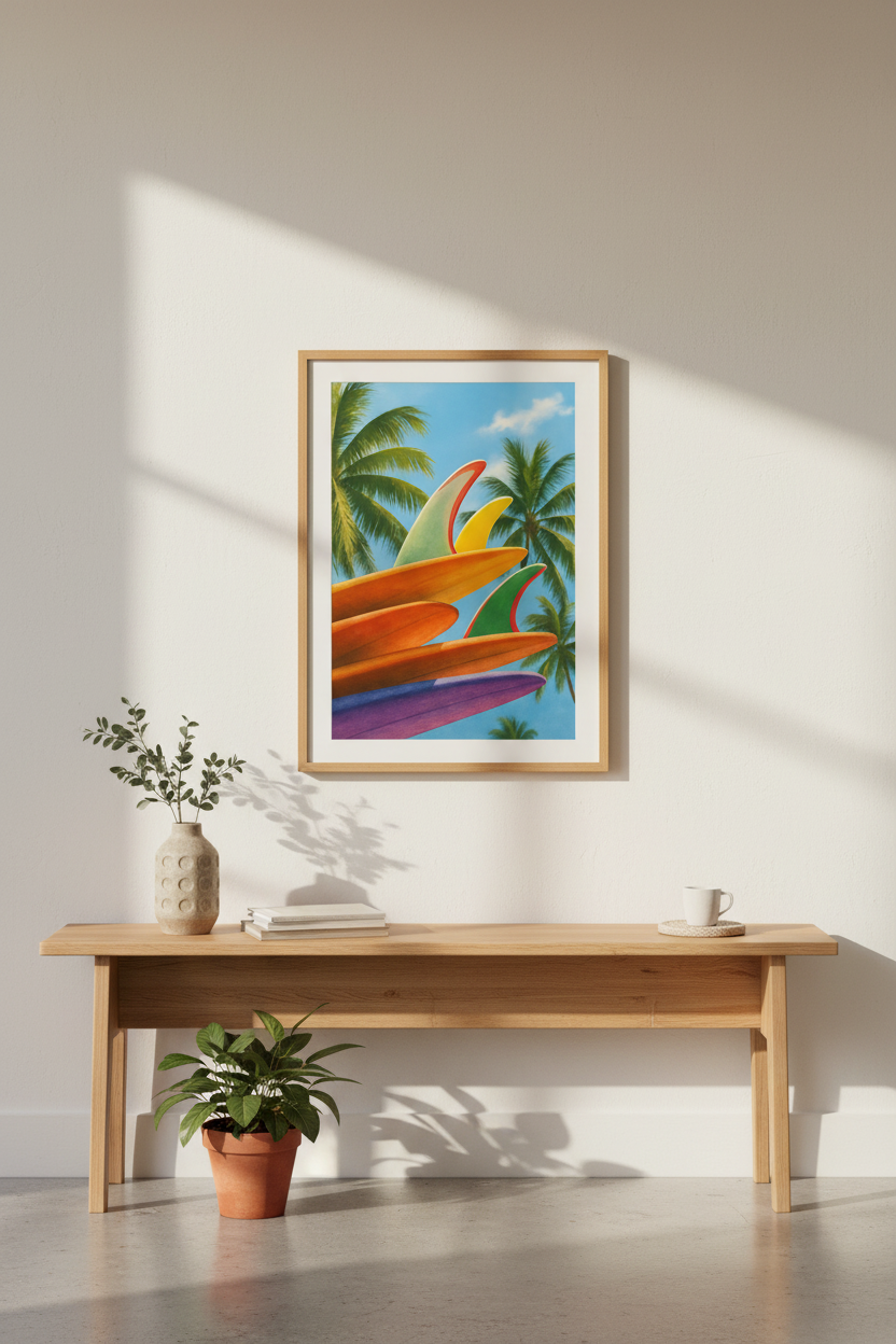 Retro Surfboard Wall Art Print | Coastal Beach House Decor | Vibrant Summer Aesthetic Framed Poster | Ready to Hang Surfing Art