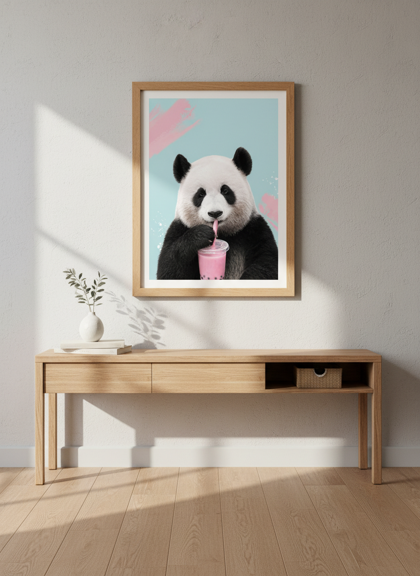 Panda Boba Tea Wall Art | Cute Animal Print, Kids Room Decor | Aesthetic Poster