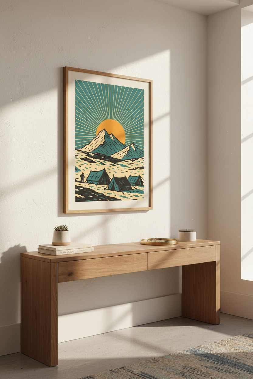 Retro Mountain Camp Framed Wall Art | Mid Century Modern Decor | Adventure Camping Poster | Ready to Hang Art Print