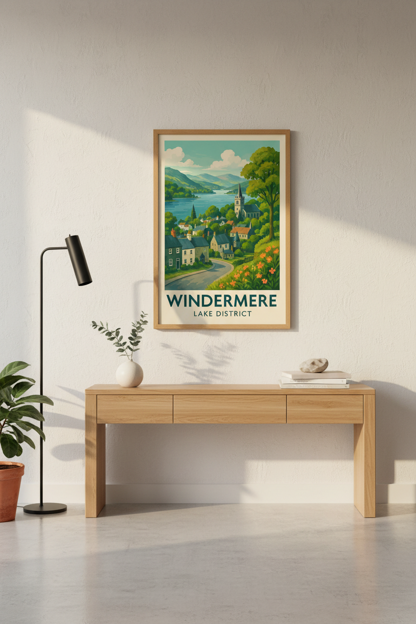 Retro Travel Poster Windermere Lake District Framed Art Print | UK Landscape Wall Decor | Vintage Aesthetic Poster