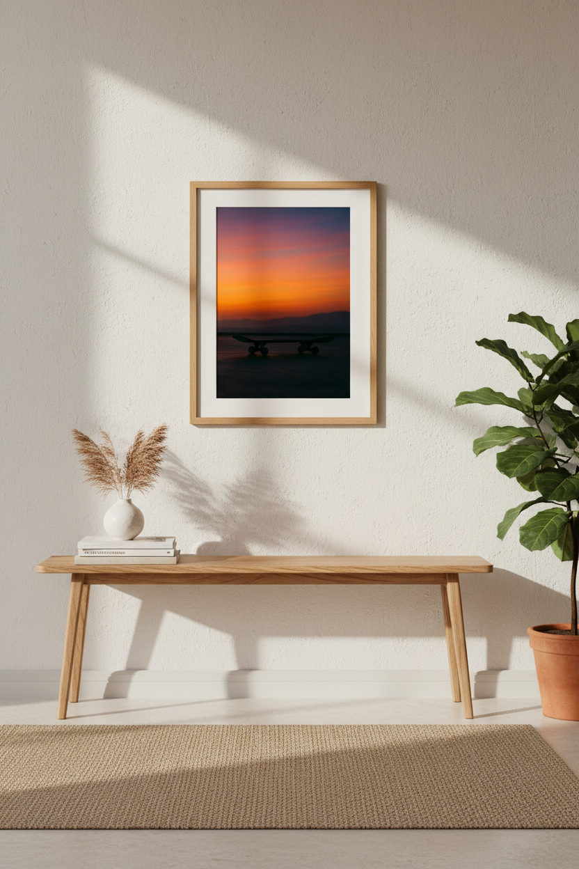 Skateboard Sunset Wall Art Print - Vibrant Orange Purple Sky Home Decor, Skater Room Poster, Aesthetic Wall Hanging