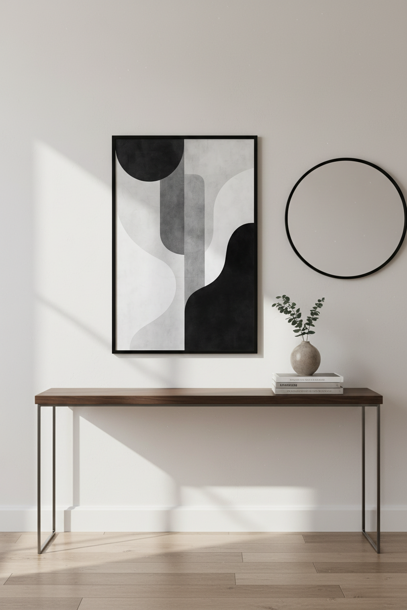 Abstract Shapes Wall Art Print | Mid Century Modern Decor | Minimalist Monochrome Poster | Black White Gray Art