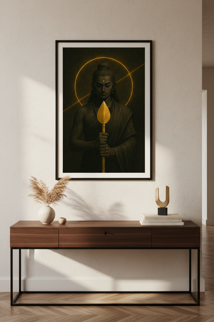 Divine Warrior Wall Art Print | Hindu Mythology Decor | Spiritual Golden Poster | Murugan Skanda Artwork | Meditation Room Aesthetic