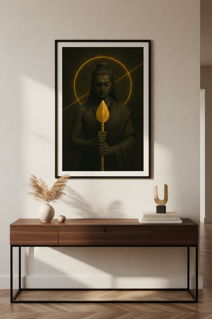 Divine Warrior Wall Art Print | Hindu Mythology Decor | Spiritual Golden Poster | Murugan Skanda Artwork | Meditation Room Aesthetic