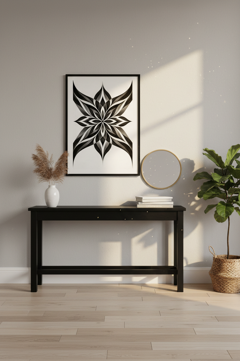 Abstract Geometric Flower Wall Art Print | Black &amp; White Mandala Poster | Modern Minimalist Home Decor | Boho Wall Hanging