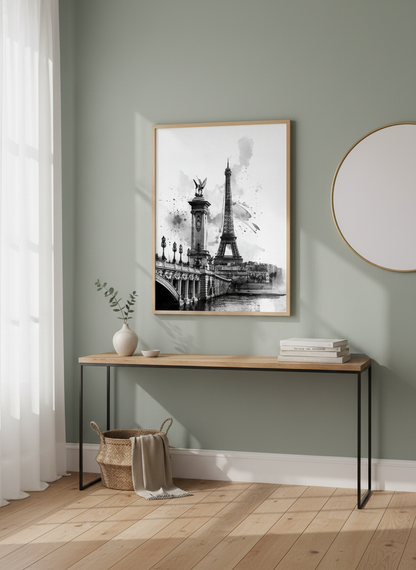 Eiffel Tower Watercolor Art | Black &amp; White Paris Print, Living Room Decor