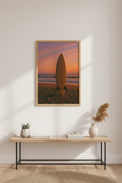 Coastal Surfboard Sunset Framed Art Print | Beach House Aesthetic Wall Decor | Ocean Wave Coastal Poster
