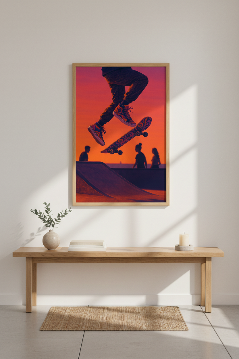 Retro Skater Wall Art Print | Teen Room Decor | Aesthetic Framed Poster | Sunset Skateboard Art | Ready to Hang Wall Art