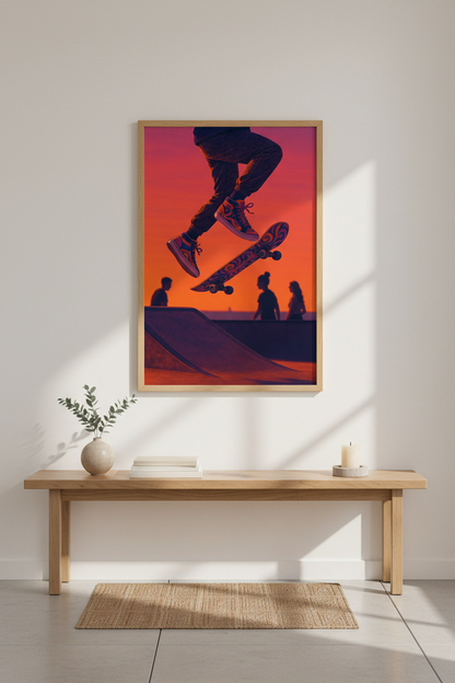 Retro Skater Wall Art Print | Teen Room Decor | Aesthetic Framed Poster | Sunset Skateboard Art | Ready to Hang Wall Art