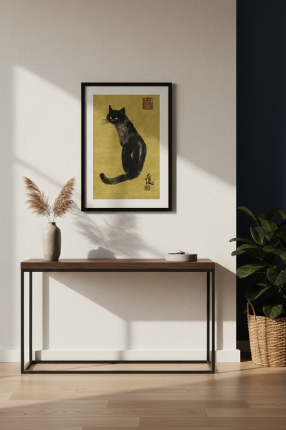 Black Cat Art Print, Japanese Sumi-e Ink Wash Painting, Gold Background, Zen Wall Art, Oriental Animal Home Decor, Framed Poster