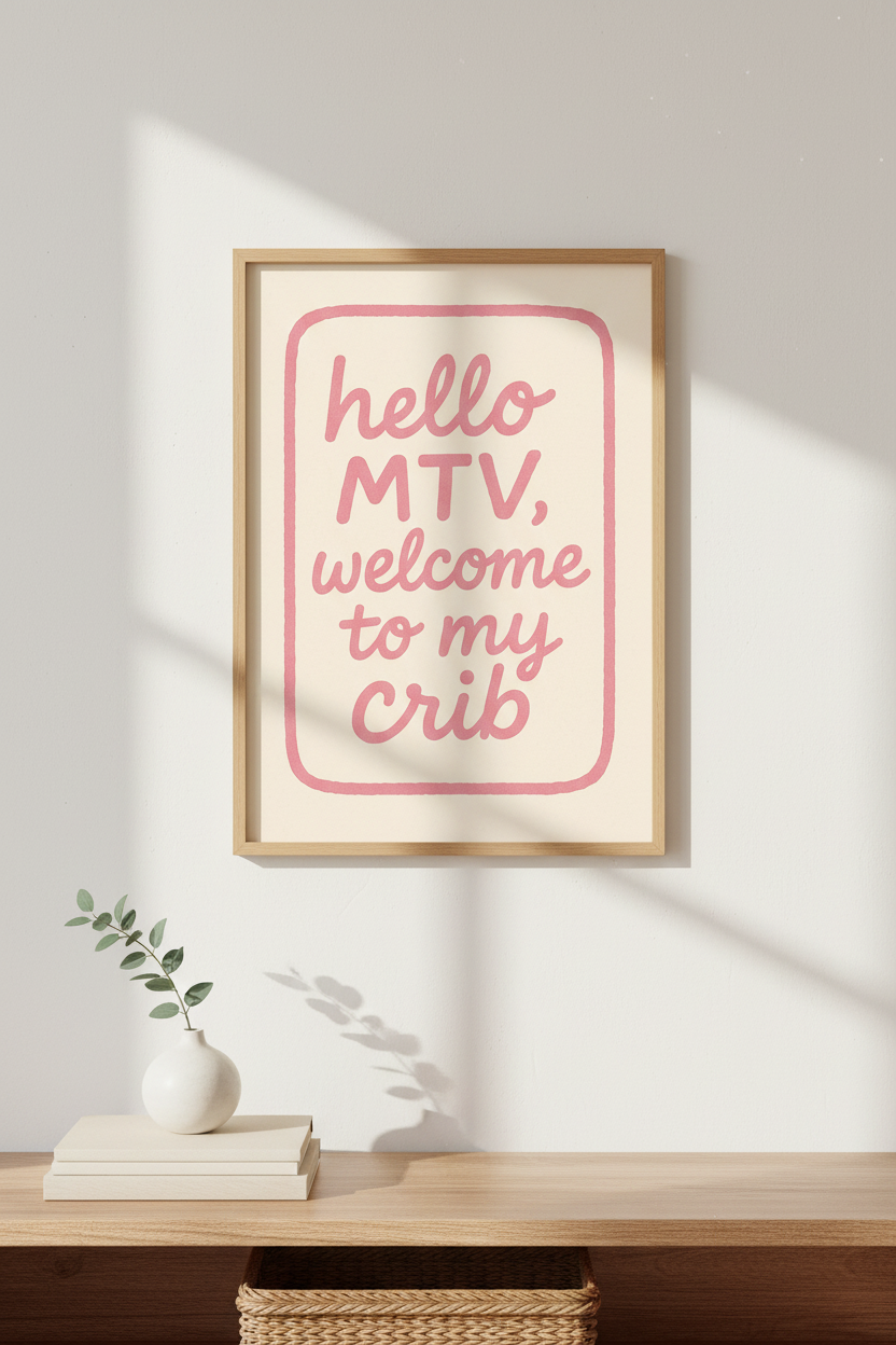 Retro MTV Cribs Quote Framed Wall Art Print | Fun Living Room Decor | Pink Aesthetic Poster | Ready to Hang Framed Art