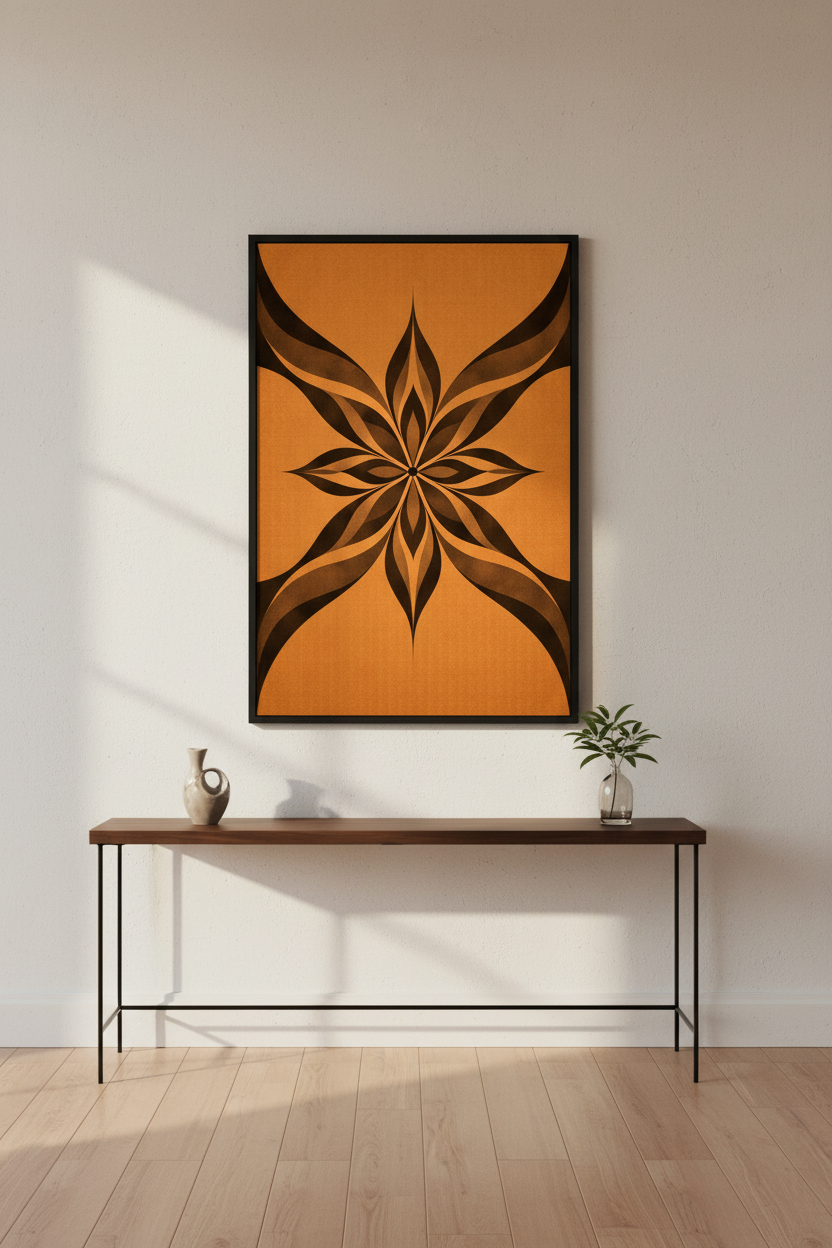 Abstract Floral Mandala Wall Art Print | Mid-Century Modern Boho Home Decor | Orange Black Geometric Flower Poster Wall Hanging