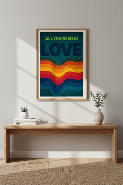 Retro Love Wall Art Print | Mid Century Home Decor | Hippie Aesthetic Framed Poster | All You Need Is Love Quote Art